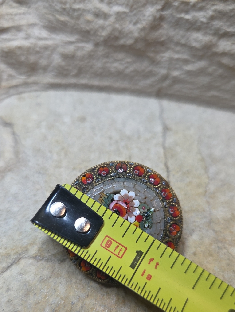 Vintage Floral Micro Mosaic Brooch with Brass Accents - Picture 5 of 5
